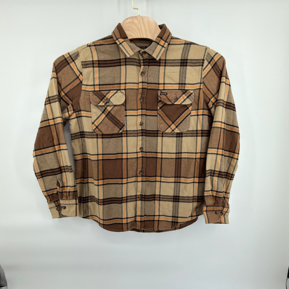 Brixton Bowery Flannel Shirt Mens L Brown Tan Orange Plaid Long Sleeve Button Up